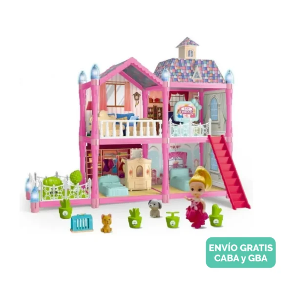 Casa Muñecas con Luces LED, Muñeca, muebles y Mascota Casa Muñecas con Luces LED, Muñeca, muebles y Mascota