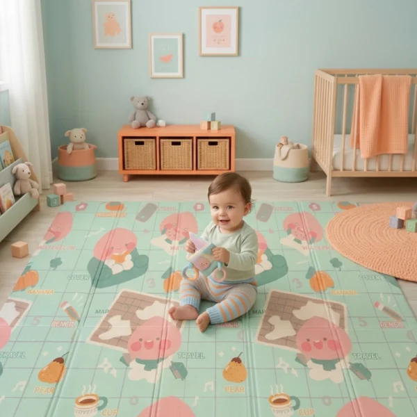 Alfombra Antigolpes Bebe Reversible ANIMALES GLOBO- FRUTAS 200x180 cm y 0,8 cm Grosor