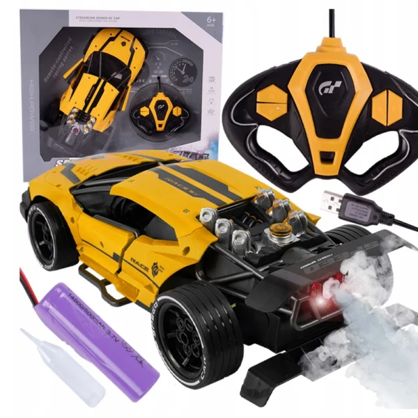 Auto Lanza Humo 3 Auto Deportivo Control Remoto Con Humo Luces, Sonido y Turbo Amarillo