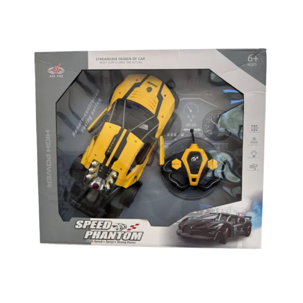 Auto Lanza Humo 5 Auto Deportivo Control Remoto Con Humo Luces, Sonido y Turbo Amarillo
