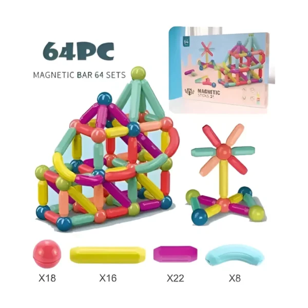 Magnetic 64 pc 3 Bloques Magnéticos para Armar – Set de 64 Piezas con Tubos, Codos y Conectores 3D
