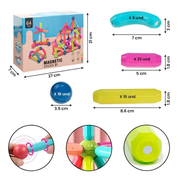 Magnetic 64 pc 7 Bloques Magnéticos para Armar – Set de 64 Piezas con Tubos, Codos y Conectores 3D