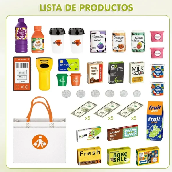 super 2 Juego de Supermercado Infantil con Caja Registradora, Scanner y 47 Piezas