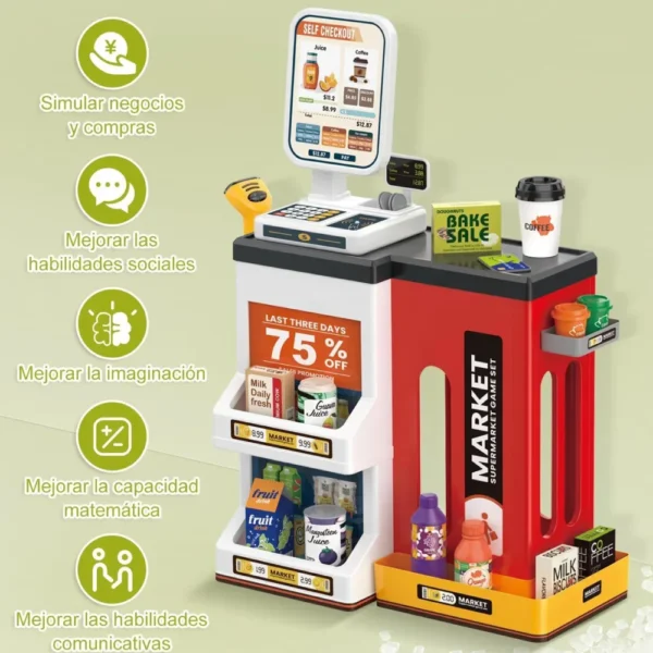 super 3 Juego de Supermercado Infantil con Caja Registradora, Scanner y 47 Piezas