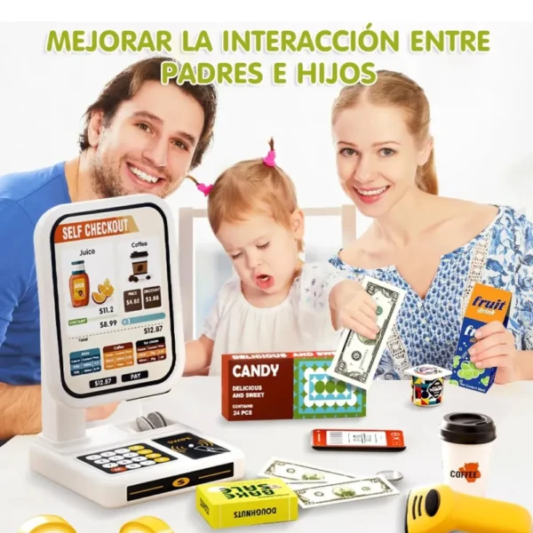 super 4 Juego de Supermercado Infantil con Caja Registradora, Scanner y 47 Piezas