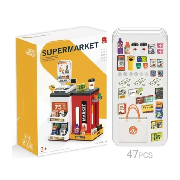 super 6 Juego de Supermercado Infantil con Caja Registradora, Scanner y 47 Piezas
