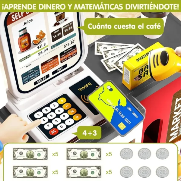 super 7 Juego de Supermercado Infantil con Caja Registradora, Scanner y 47 Piezas