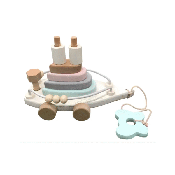 Barco Barco de Madera con Arrastre y Encastre + Mini Pirámide - Juguete Didáctico 2 en 1
