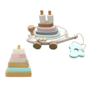 Barco de Madera con Arrastre y Encastre + Mini Pirámide - Juguete Didáctico 2 en 1