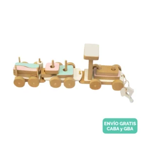 Tren largo de madera juguete encastrable 2 vagones con arrastre Tren largo de madera juguete encastrable 2 vagones con arrastre