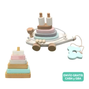 Barco de Madera con Arrastre y Encastre + Mini Pirámide | Juguete Didáctico 2 en 1 Barco de Madera con Arrastre y Encastre + Mini Pirámide | Juguete Didáctico 2 en 1