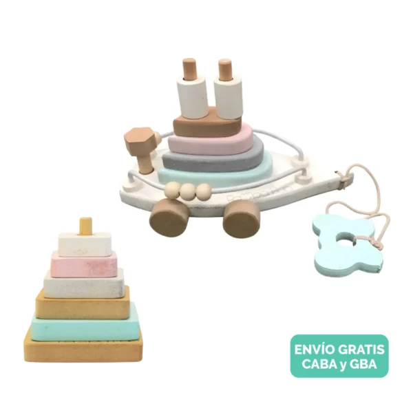 Barco de Madera con Arrastre y Encastre + Mini Pirámide | Juguete Didáctico 2 en 1 Barco de Madera con Arrastre y Encastre + Mini Pirámide | Juguete Didáctico 2 en 1