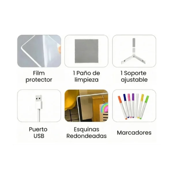 Pizarra led 3 Pizarra Mágica Luz Led USB 30x20 cm con marcadores y soporte