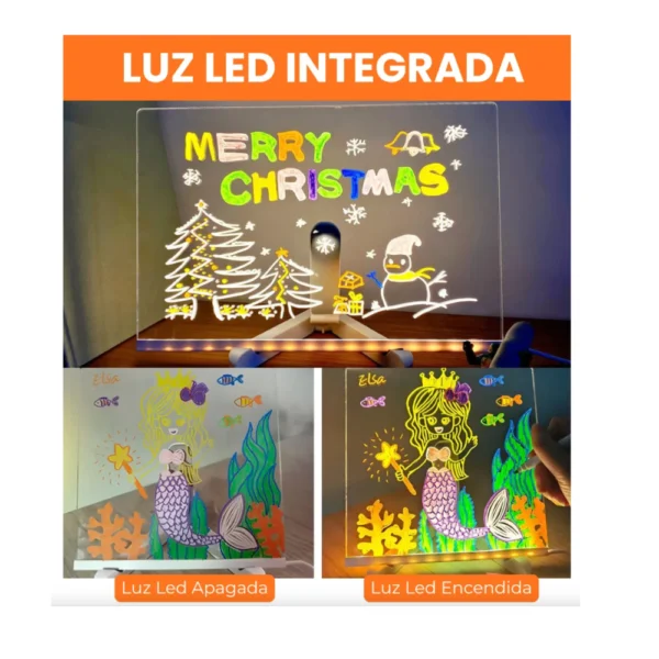 Pizarra led 6 Pizarra Mágica Luz Led USB 30x20 cm con marcadores y soporte
