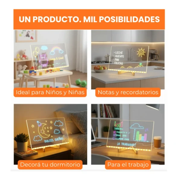 Pizarra led 7 Pizarra Mágica Luz Led USB 30x20 cm con marcadores y soporte
