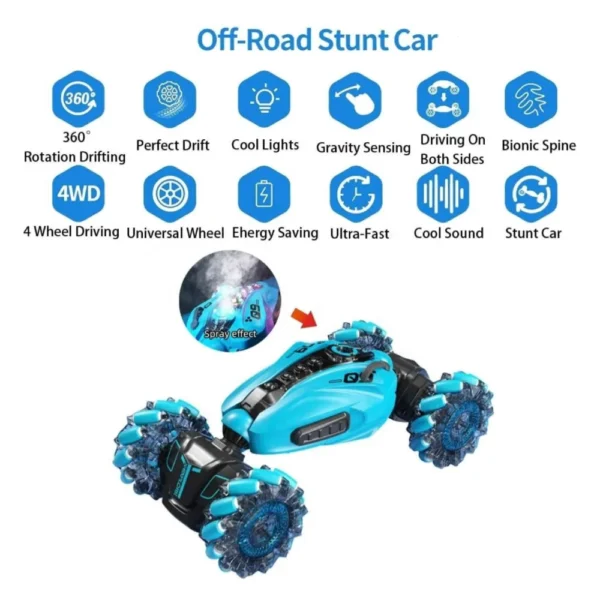 Auto Con Muñequera Articulado Giro 360° con Luz, Spray y Música Color Azul Auto Con Muñequera Articulado Giro 360° con Luz, Spray y Música Color Azul