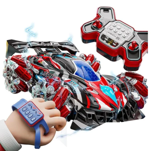 Extreme Storm Azul 1 Auto Stunt Rojo 360° a Control Remoto con Luces, Spray de Agua y Muñequera Interactiva