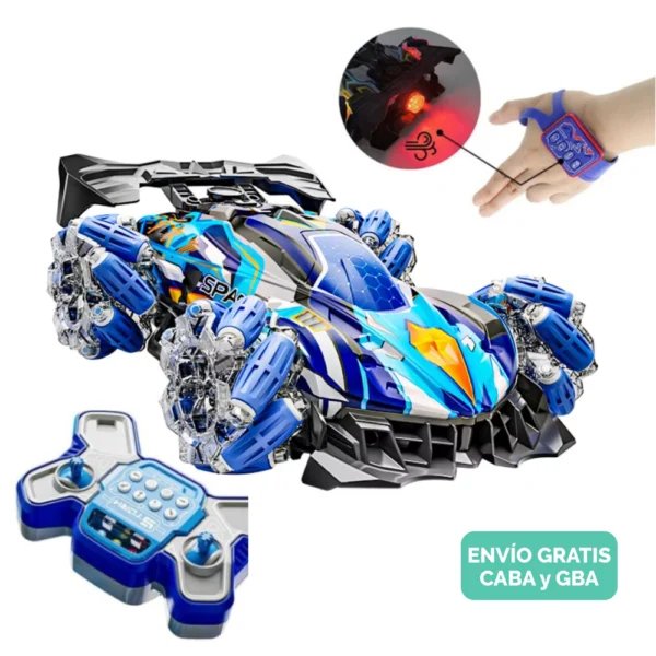 Auto Stunt Azul 360° a Control Remoto con Luces, Spray de Agua y Muñequera Interactiva