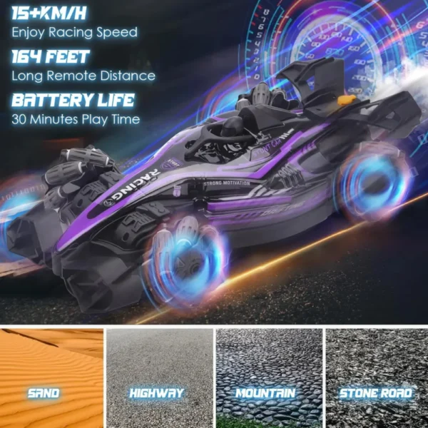 F1 Violet2 Auto Fórmula 1 Violeta con Giro 360°, Spray de Agua y Luces