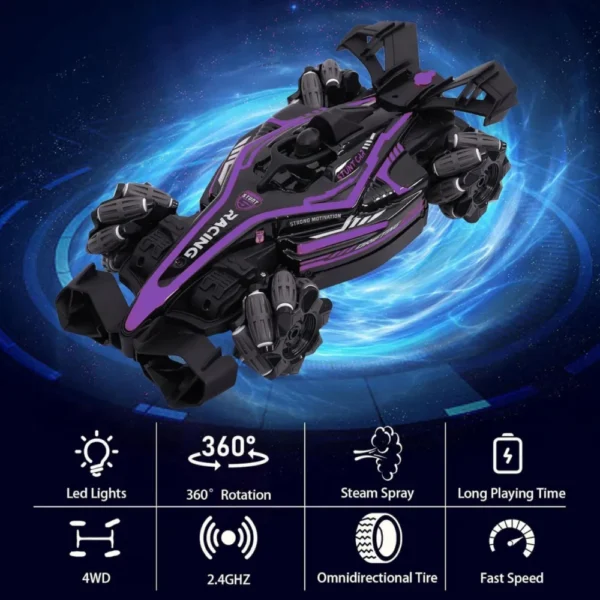 F1 Violeta 8 Auto Fórmula 1 Violeta con Giro 360°, Spray de Agua y Luces