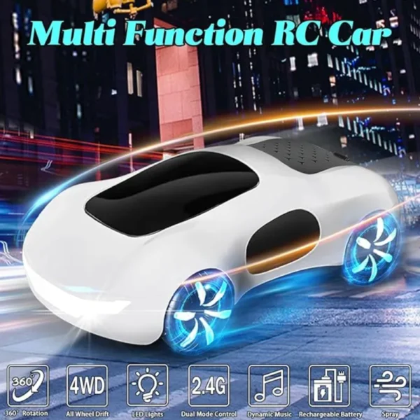 Auto Futurista Blanco a Control Remoto con Luces LED, Spray y Giro 360°