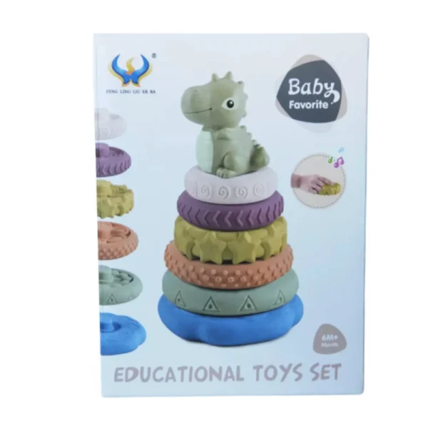 Torre 2 Torre Encastre Aros de Silicona con Dinosaurio Juguete Sensorial