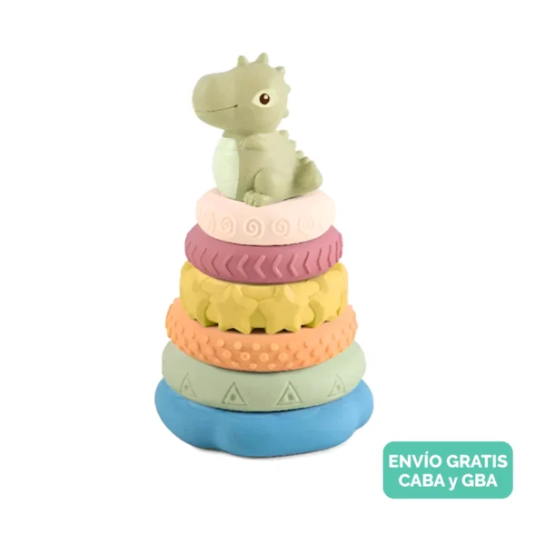 Torre1 Torre Encastre Aros de Silicona con Dinosaurio Juguete Sensorial