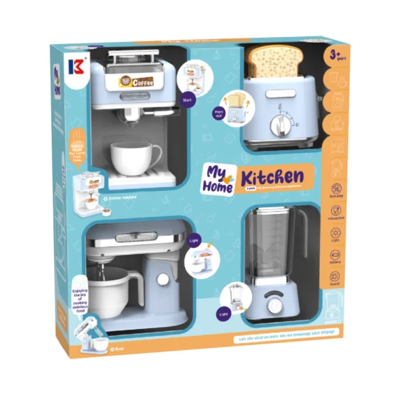 Set Electrodomésticos Celeste 4 Piezas con Luz, Sonido y accesorios