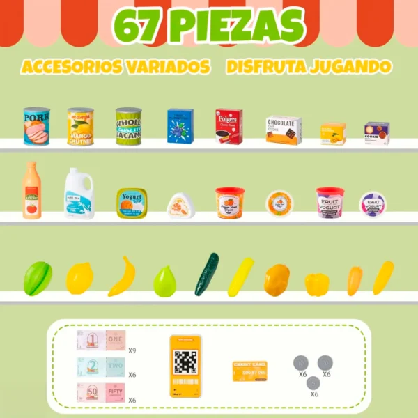 Caja Registradora de Juguete Verde 67 piezas con Luz, Sonido y Accesorios