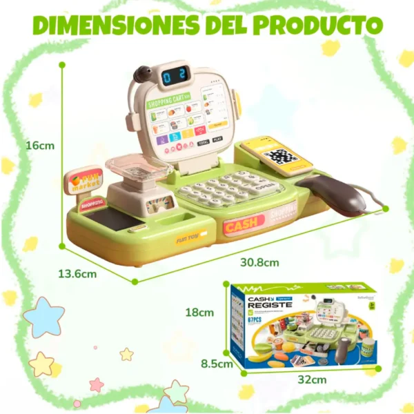Caja Registradora de Juguete Verde 67 piezas con Luz, Sonido y Accesorios 
