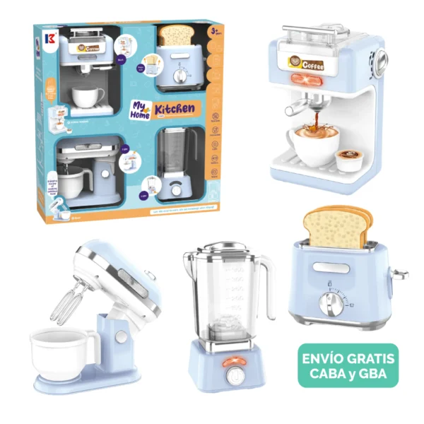 Set Electrodomésticos Celeste 4 Piezas con Luz, Sonido y accesorios