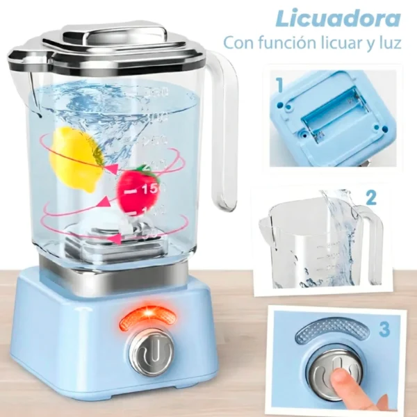 Set Electrodomésticos Celeste 4 Piezas con Luz, Sonido y accesorios