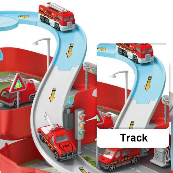 Mochila con Pista de Autos Bomberos 37 Piezas con Ascensor y Rampas