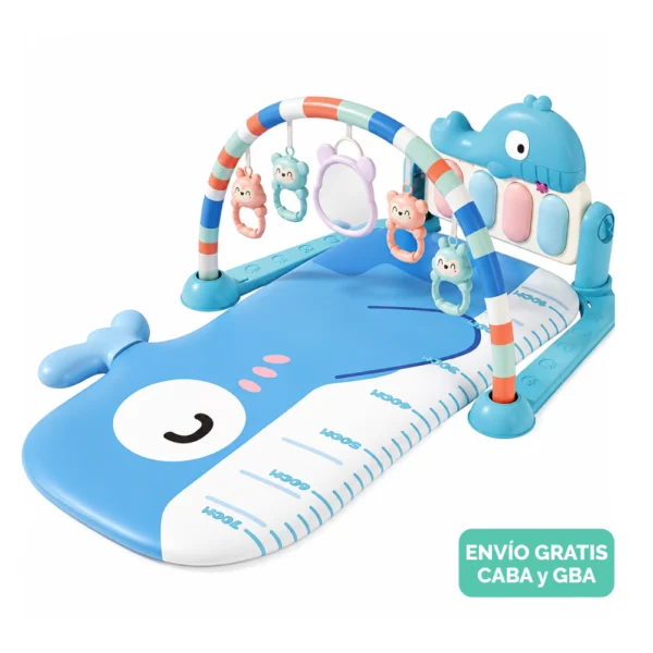 Gimnasio para bebés 3D Ballena Azul con piano musical, luz, sonajeros y espejo