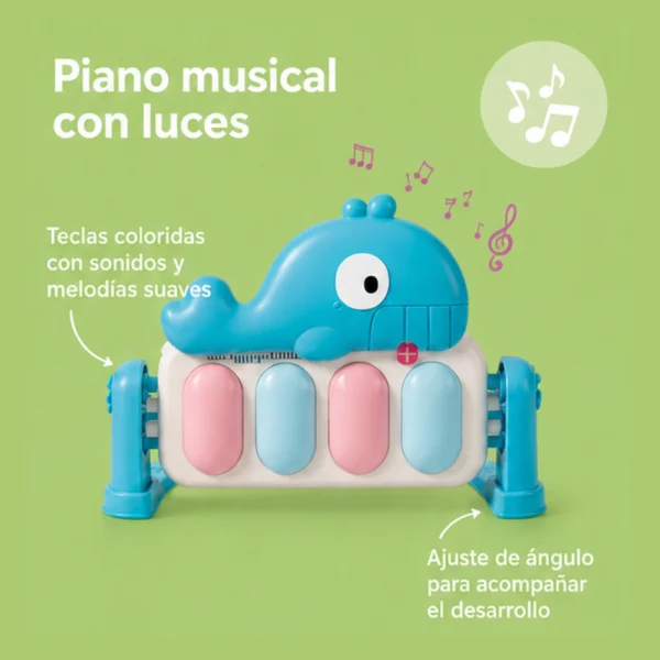 Gimnasio para bebés 3D Ballena Azul con piano musical, luz, sonajeros y espejo