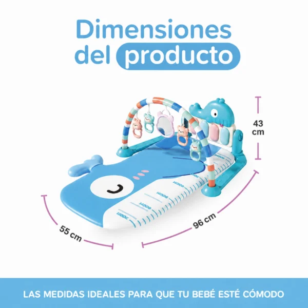 Gimnasio para bebés 3D Ballena Azul con piano musical, luz, sonajeros y espejo