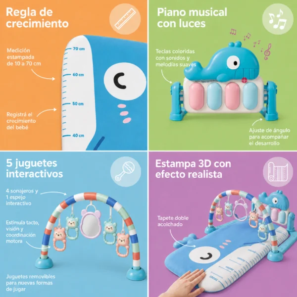 Gimnasio para bebés 3D Ballena Azul con piano musical, luz, sonajeros y espejo