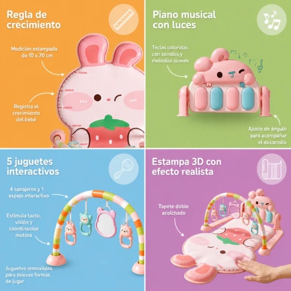 Gimnasio para bebés 3D Coneja Rosa con piano musical, luz, sonajeros y espejo