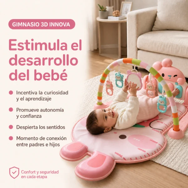 Gimnasio para bebés 3D Coneja Rosa con piano musical, luz, sonajeros y espejo