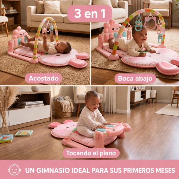 Gimnasio para bebés 3D Coneja Rosa con piano musical, luz, sonajeros y espejo