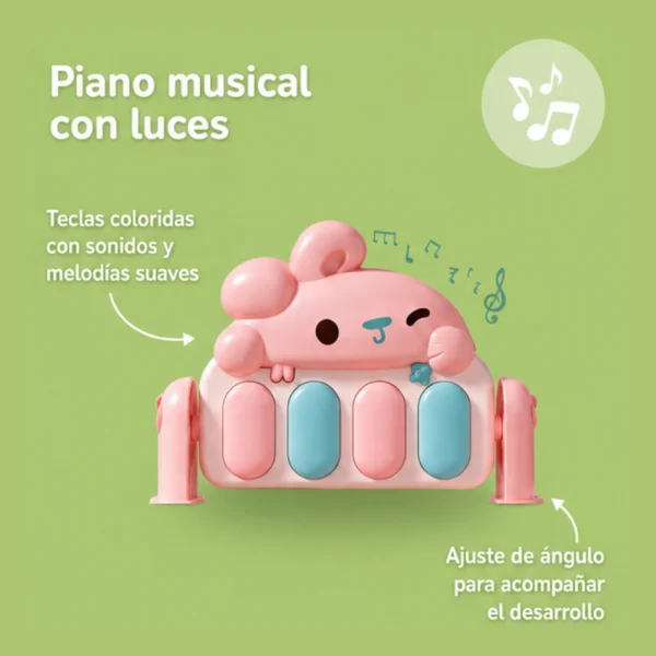 Gimnasio para bebés 3D Coneja Rosa con piano musical, luz, sonajeros y espejo