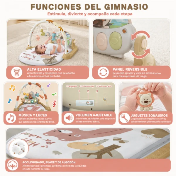 Gimnasio Oso Manejando 10 Gimnasio para Bebés Premium Didáctico con Piano, luces, Bluetooth y juegos