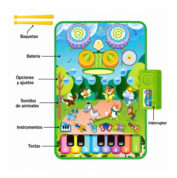 Alfombra Musical Infantil 3 en 1 ANIMALES con 41 Teclas y Palillos 63x43 cm