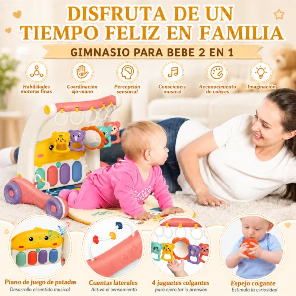 Gimnasio Andador para Bebés 2 en 1 con Piano Musical Rosa